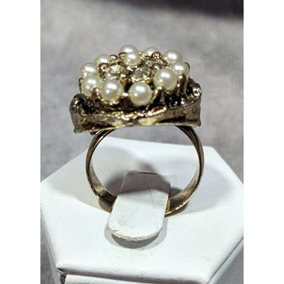Vintage Glam Gold Tone Rhinestone Seed Pearl Adjustable Ring Size 6 - Picture 8 of 9